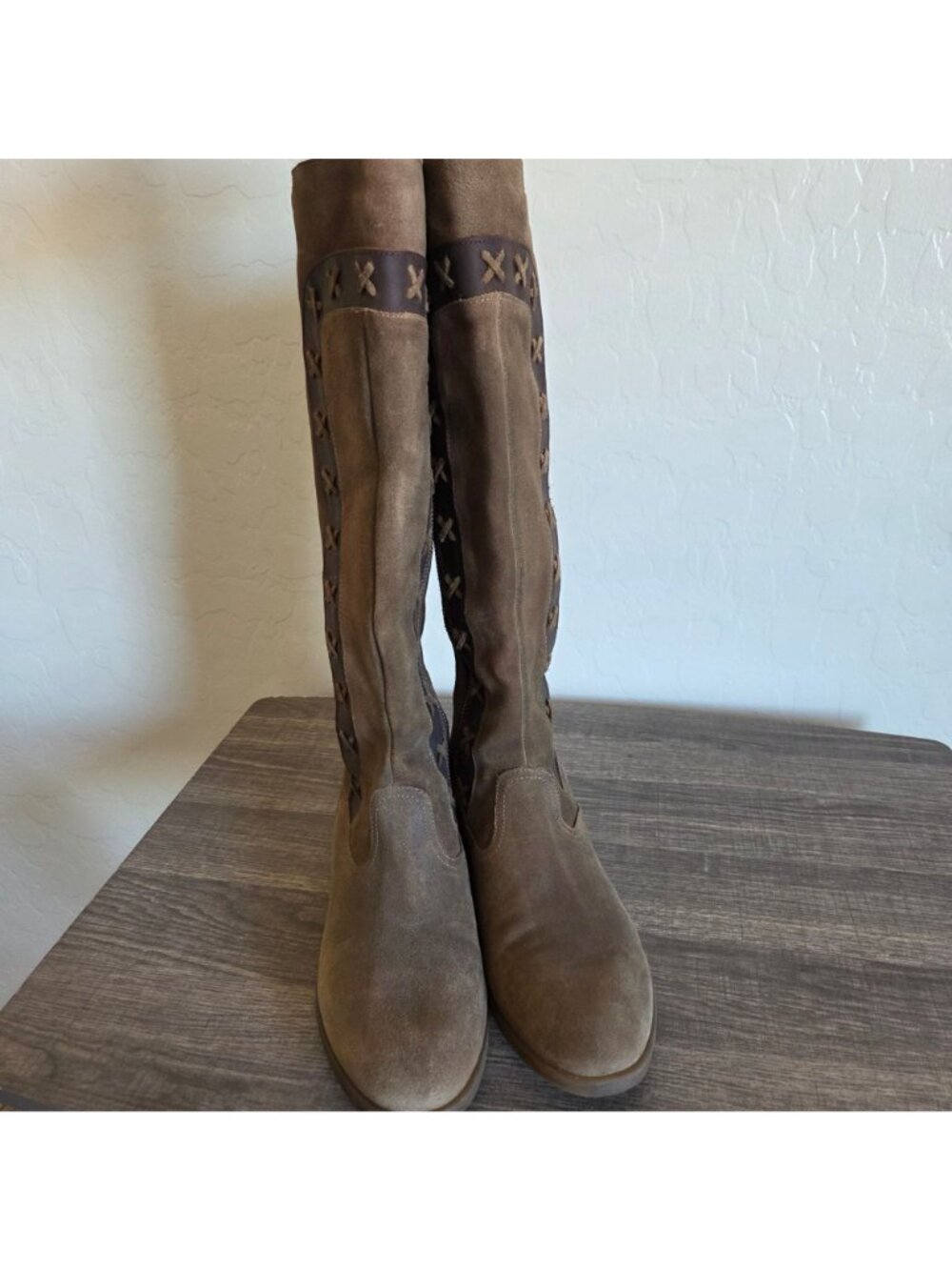 Born Suede Distressed Albi Tall Riding Boots Brown 8.5 Western Boho Cross Stitch - Picture 2 of 12